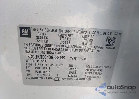 2016 Chevrolet Silverado 1500 2Lt from USA, damaged, VIN 3GCUKREC1GG388199